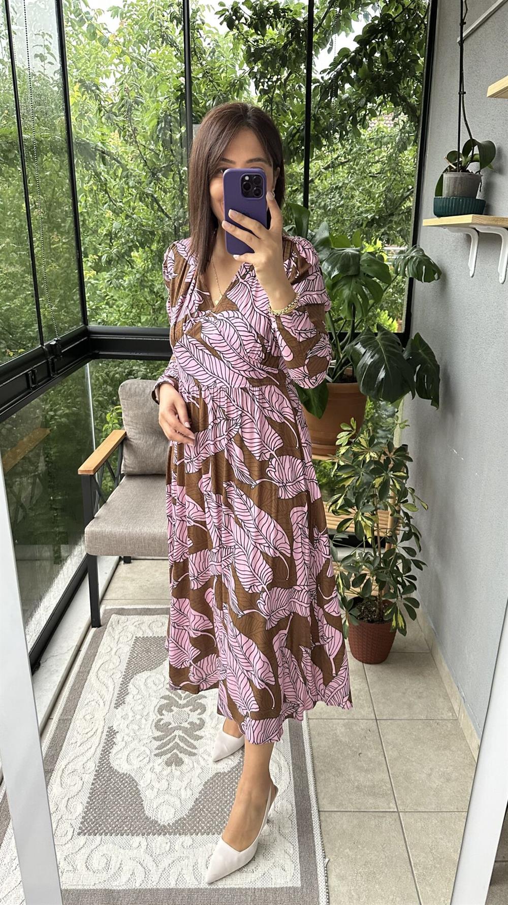 Desenli Pamuklu Viskon Elbise Pembe