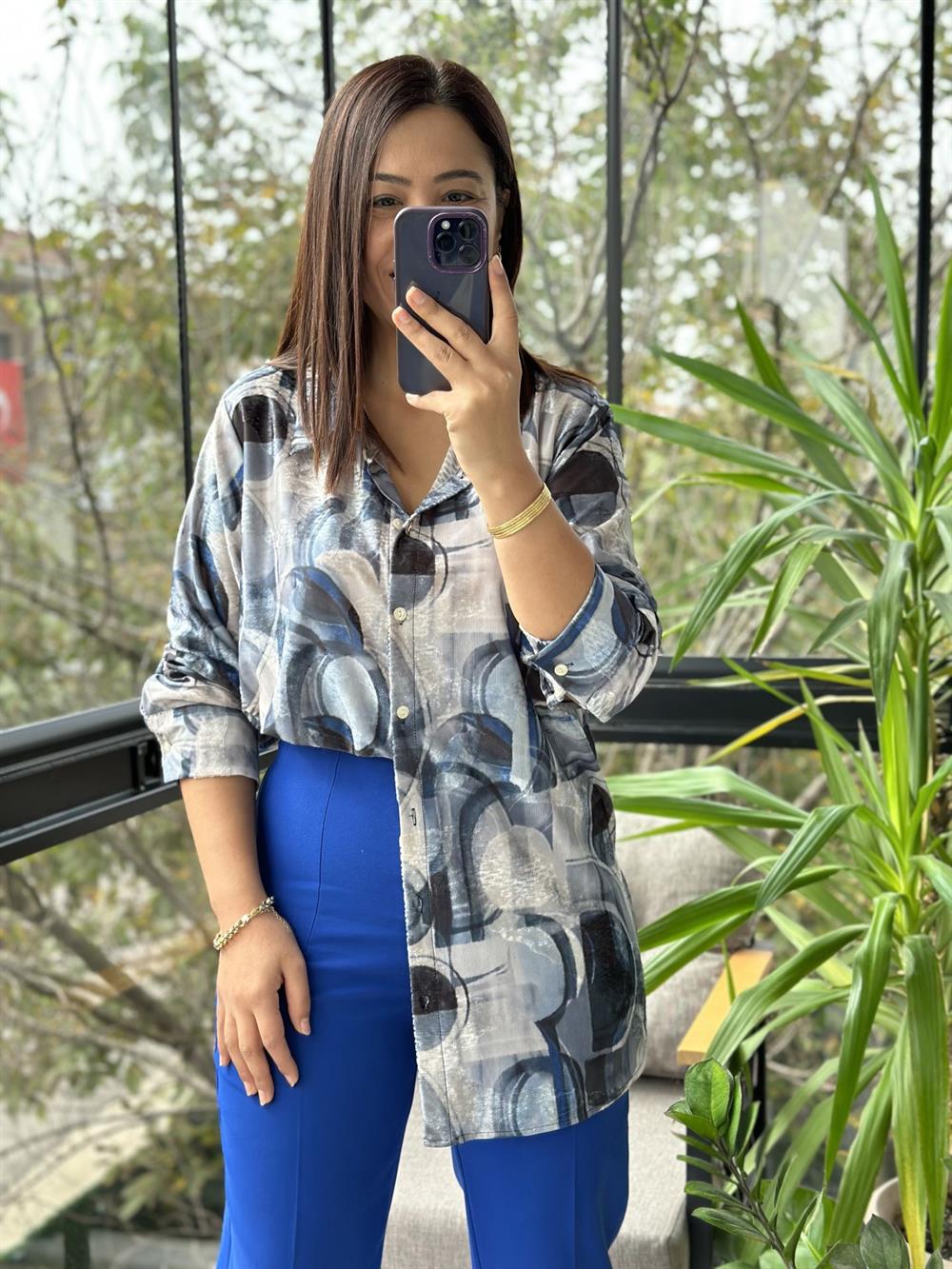 Desenli Saten Gömlek Mavi