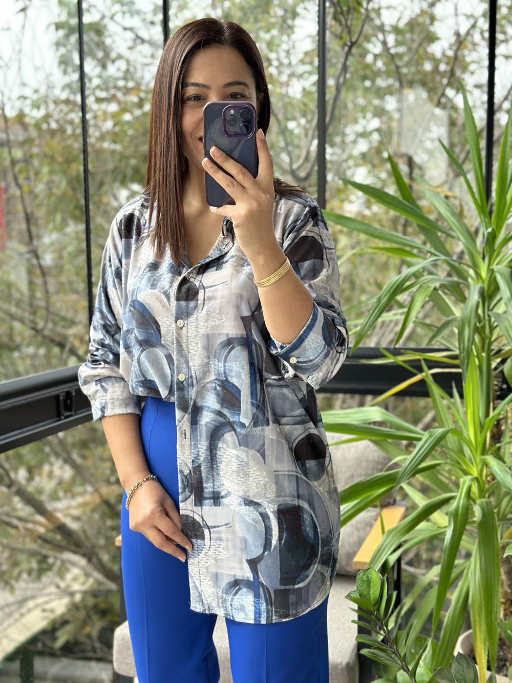 Desenli Saten Gömlek Mavi