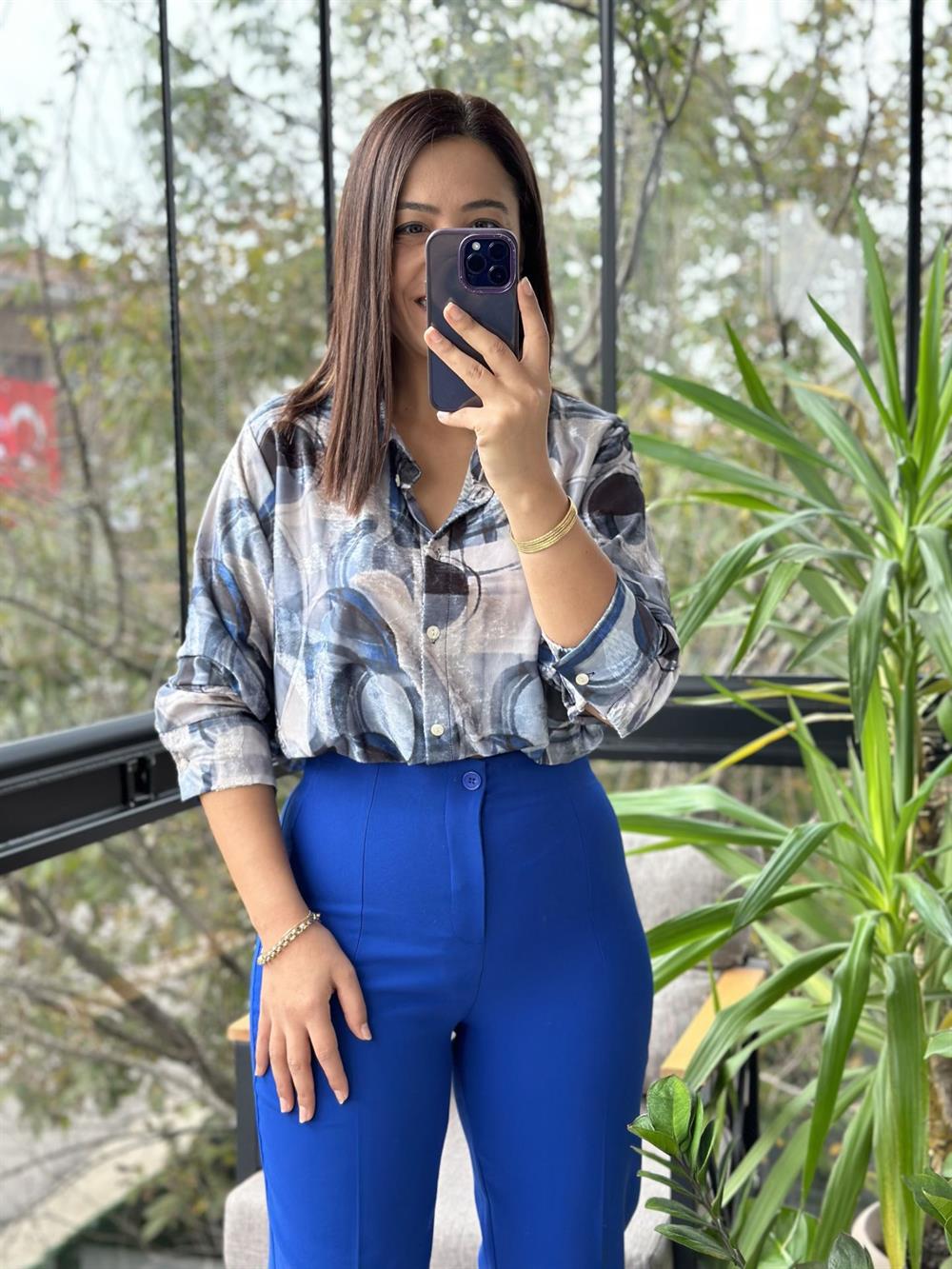 Desenli Saten Gömlek Mavi