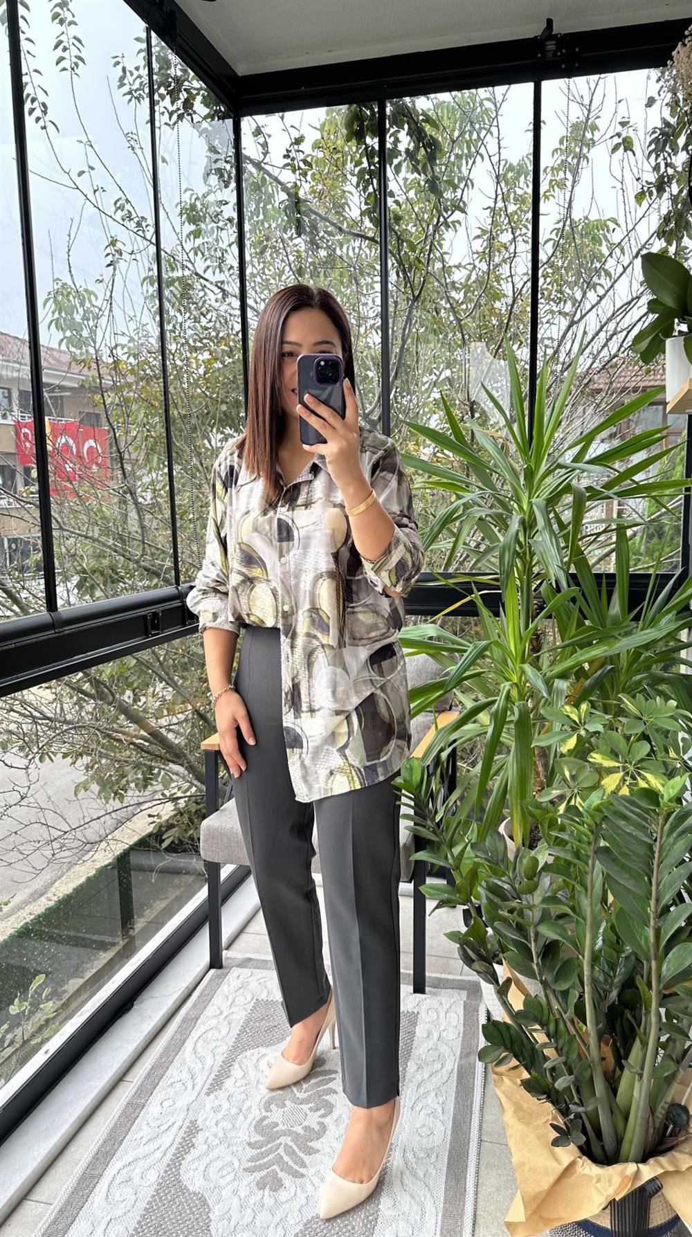 Desenli Saten Gömlek Yeşil