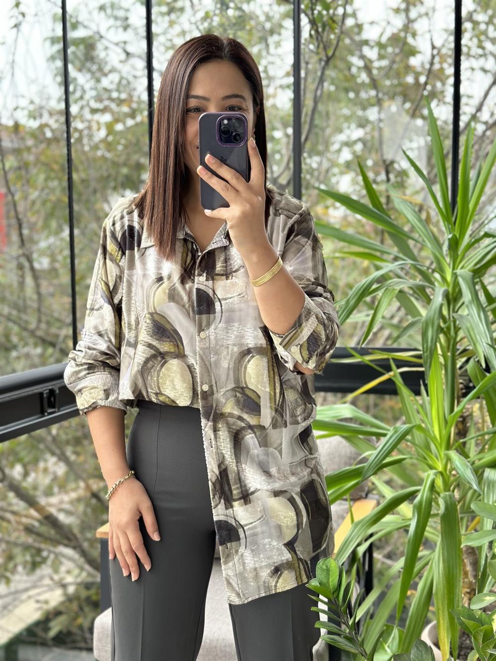 Desenli Saten Gömlek Yeşil