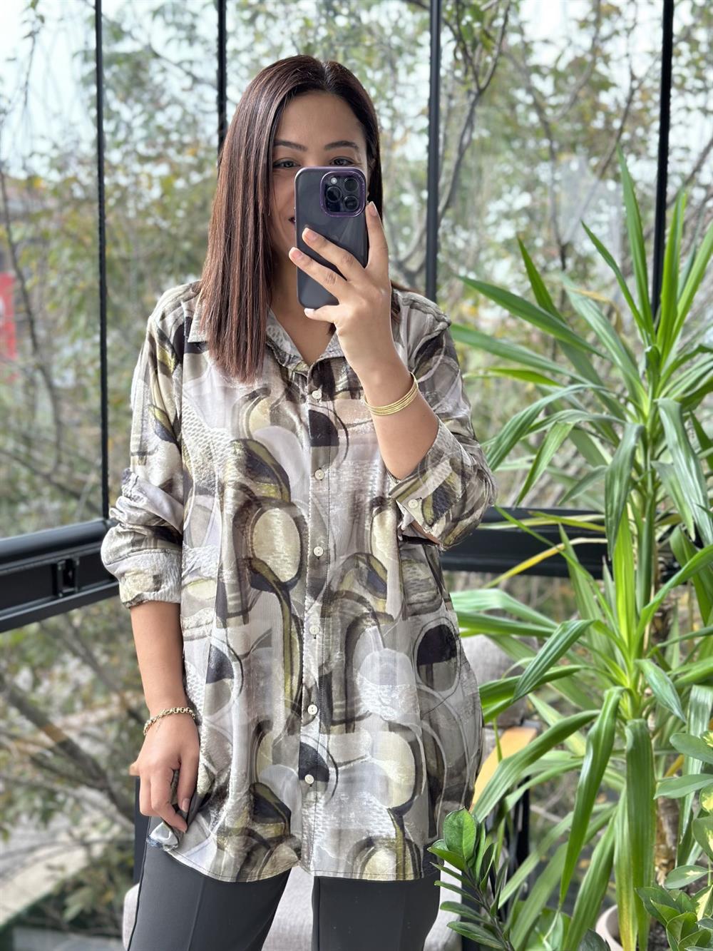 Desenli Saten Gömlek Yeşil