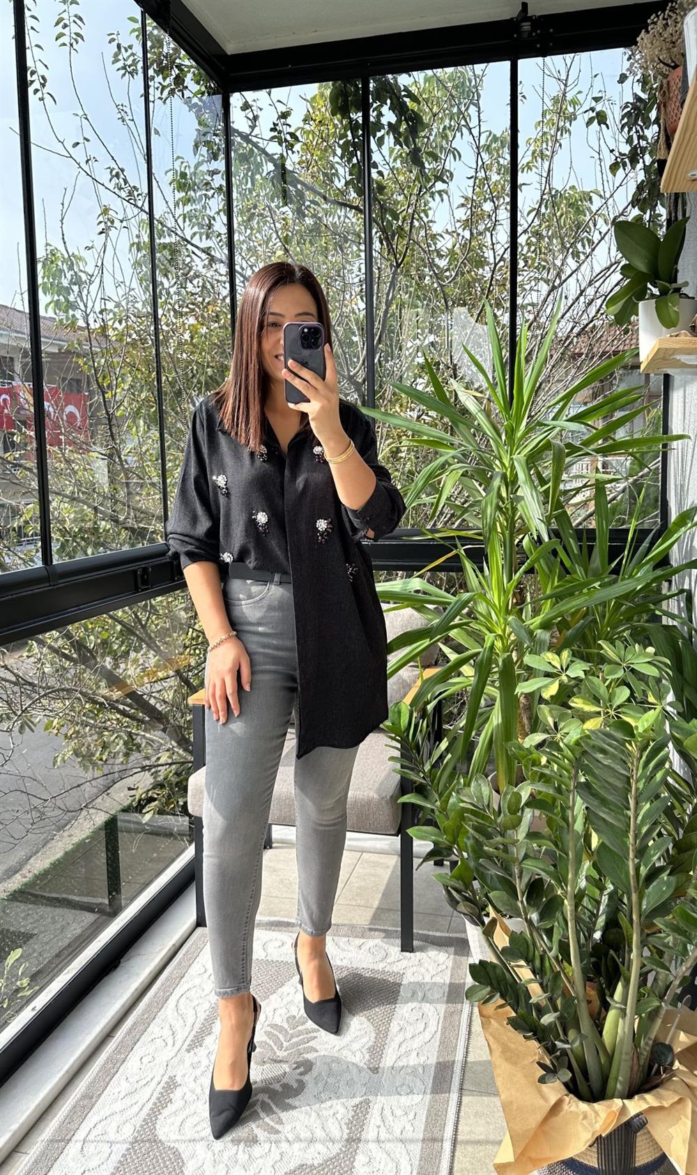 Dokuma Taşlı Gömlek Antrasit