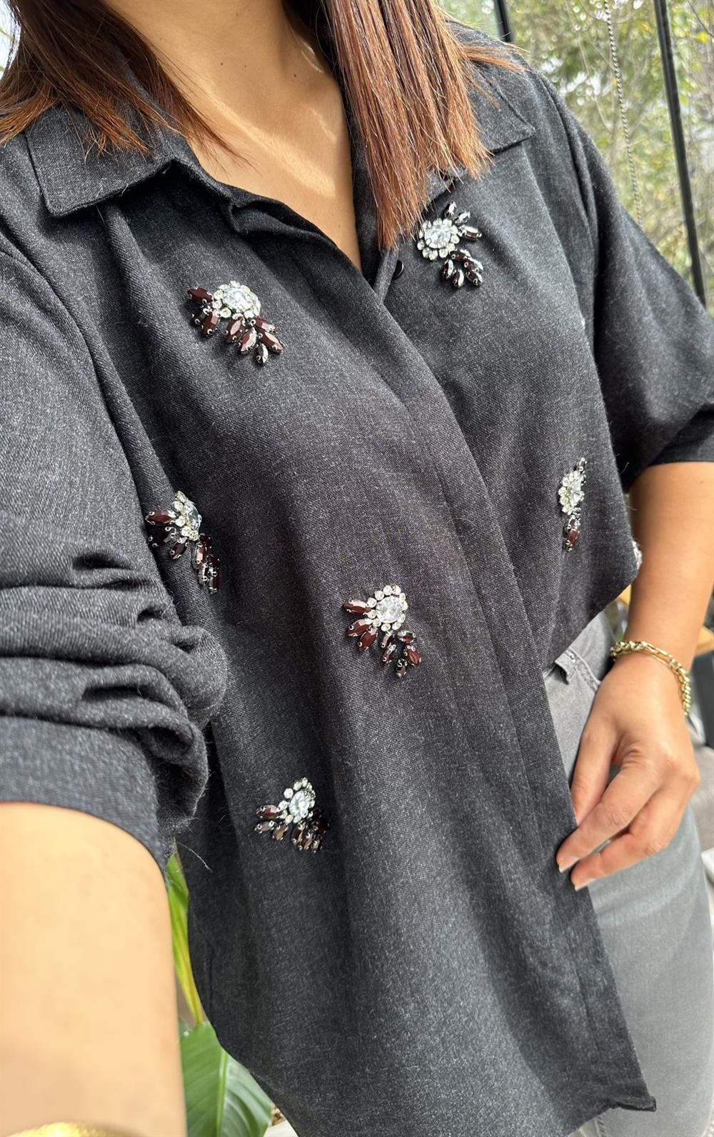 Dokuma Taşlı Gömlek Antrasit