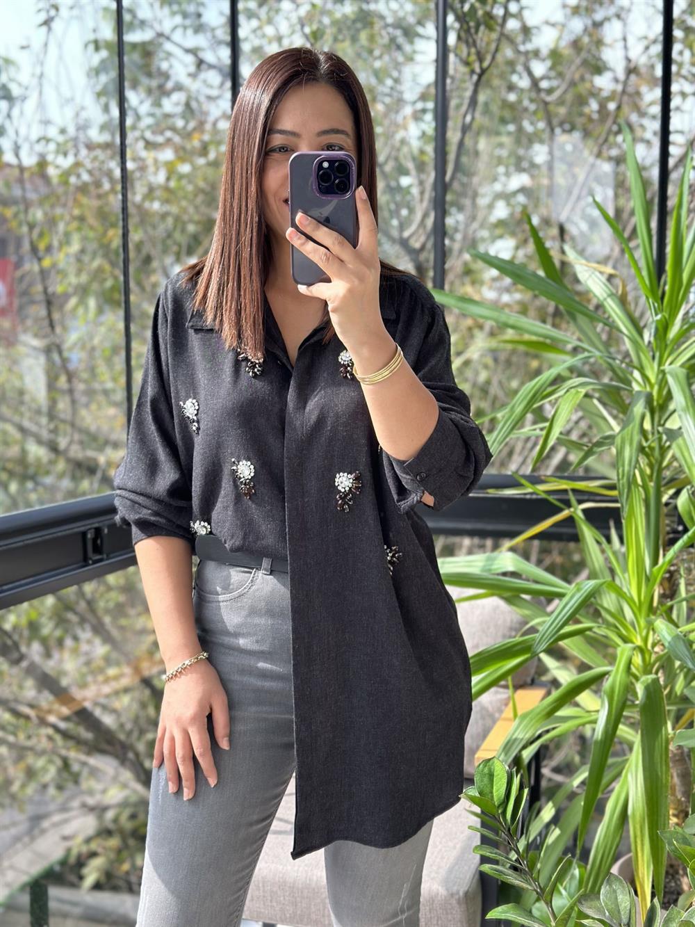 Dokuma Taşlı Gömlek Antrasit