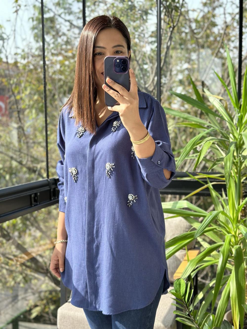 Dokuma Taşlı Gömlek Mavi