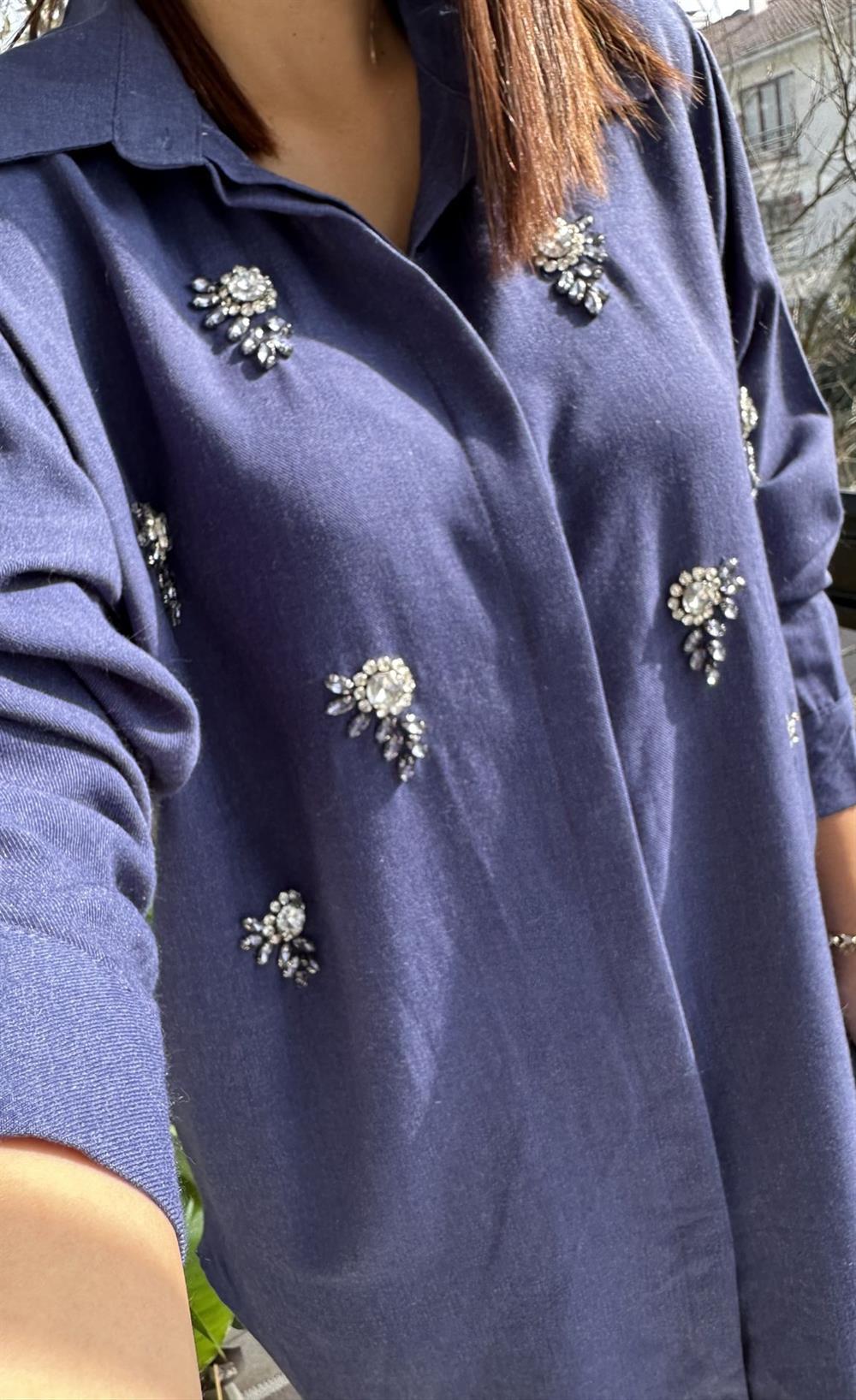 Dokuma Taşlı Gömlek Mavi