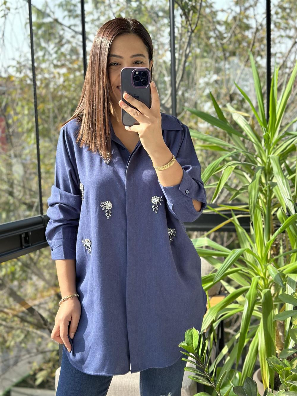 Dokuma Taşlı Gömlek Mavi