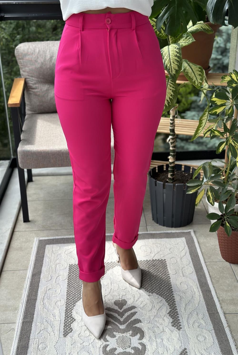 Duble Paça Kumaş Pantolon Fuşya