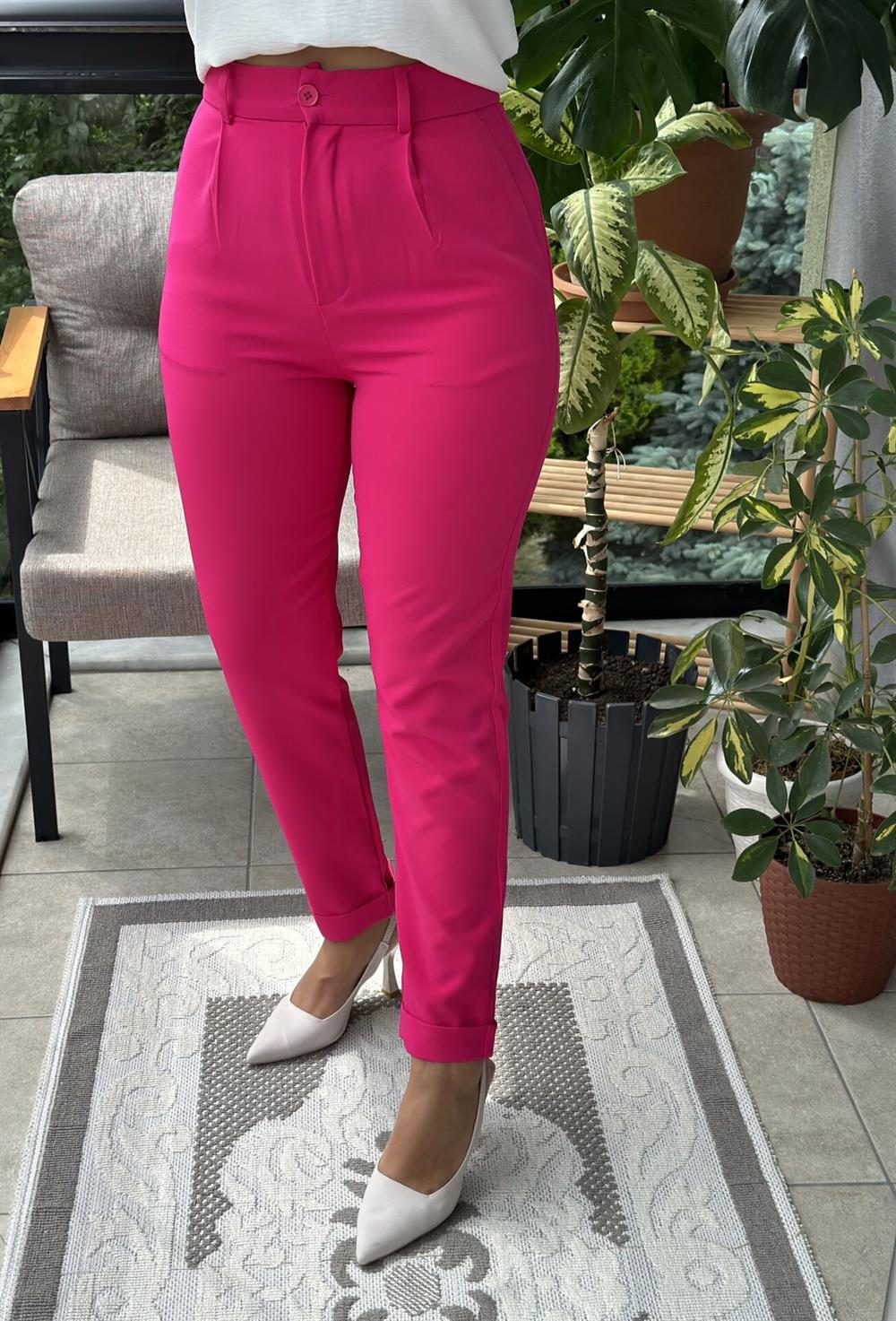 Duble Paça Kumaş Pantolon Fuşya