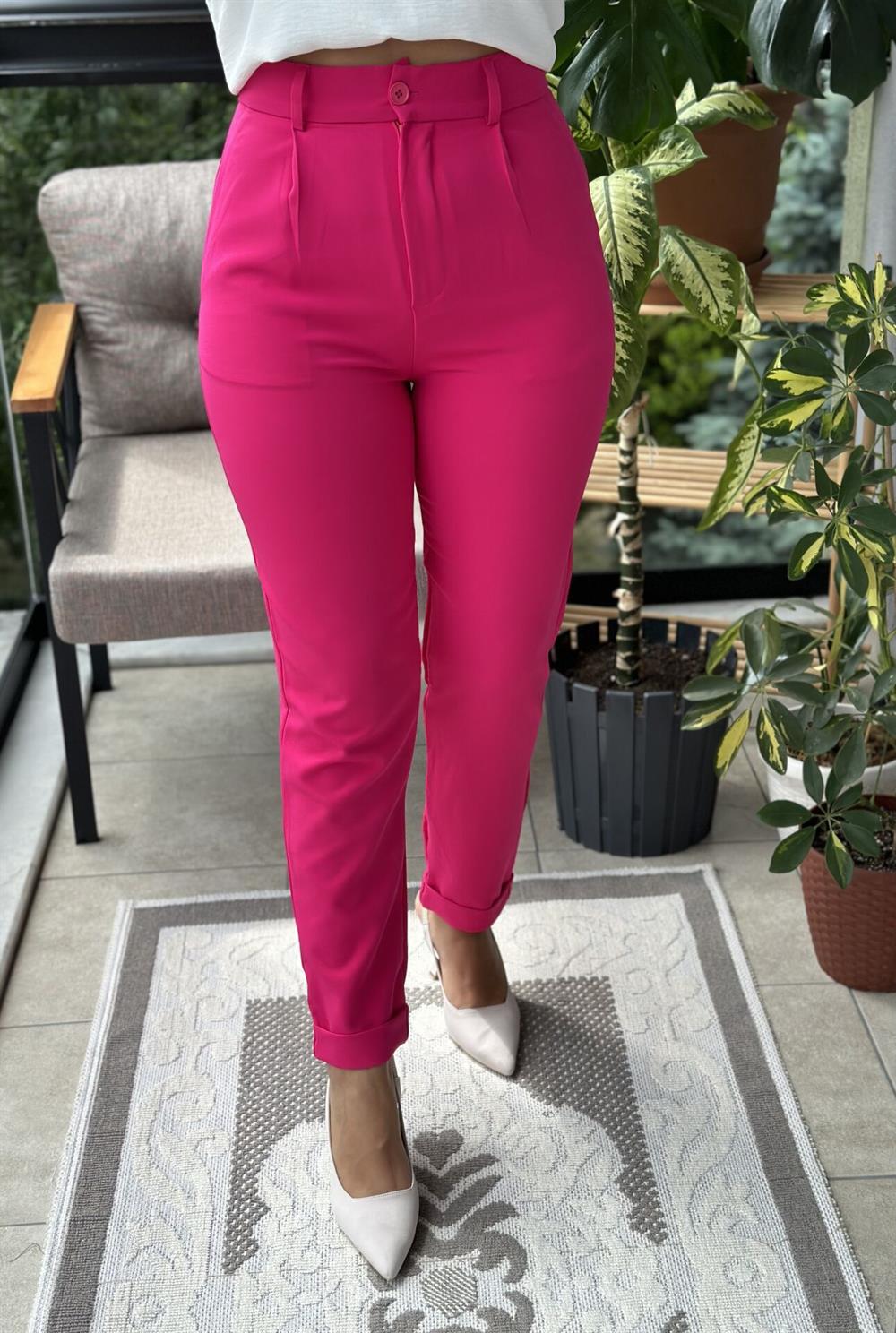 Duble Paça Kumaş Pantolon Fuşya
