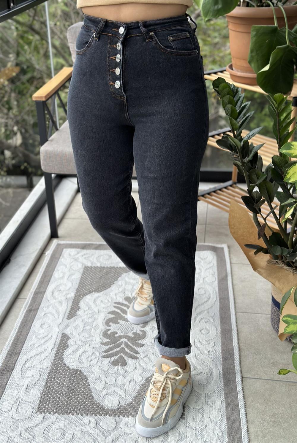 Düğmeli Kahve Örme Mom Jean