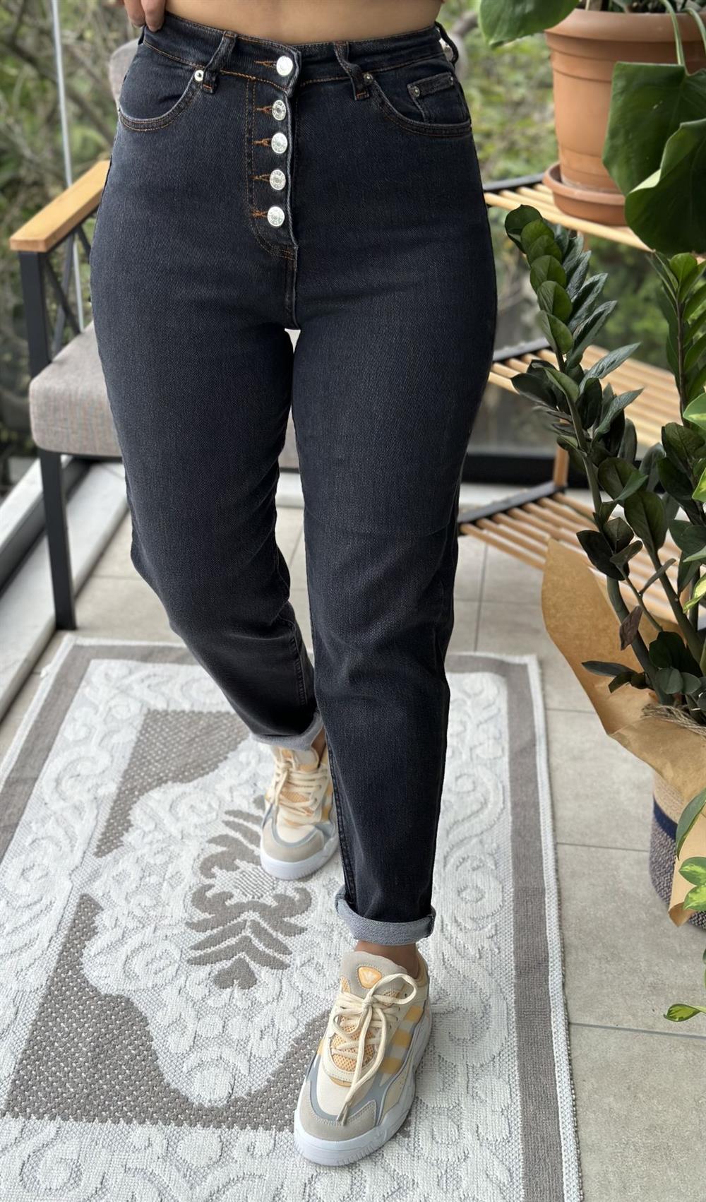 Düğmeli Kahve Örme Mom Jean