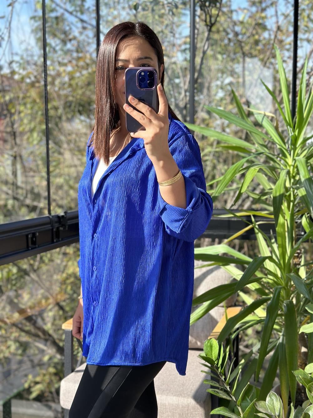 Fitilli Kadife Gömlek Sax Mavi