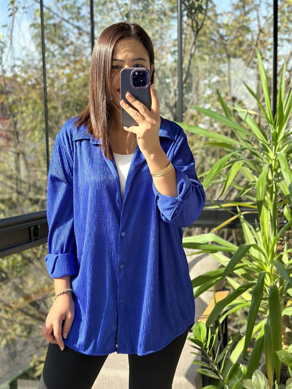 Fitilli Kadife Gömlek Sax Mavi