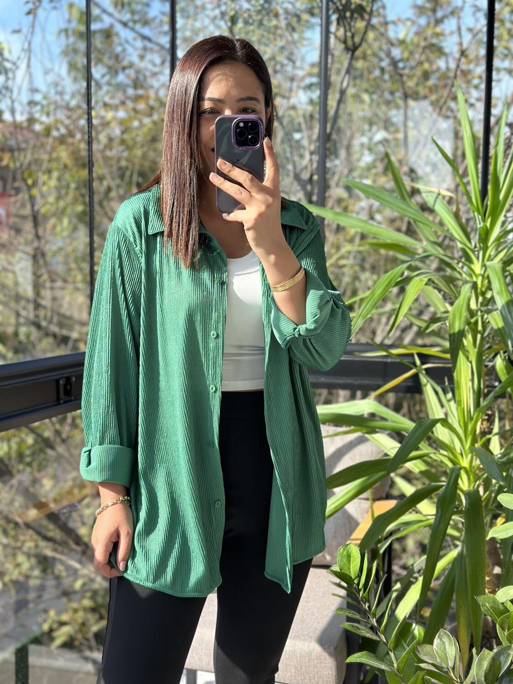 Fitilli Kadife Gömlek Yeşil
