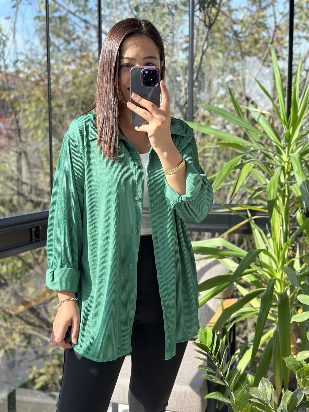 Fitilli Kadife Gömlek Yeşil