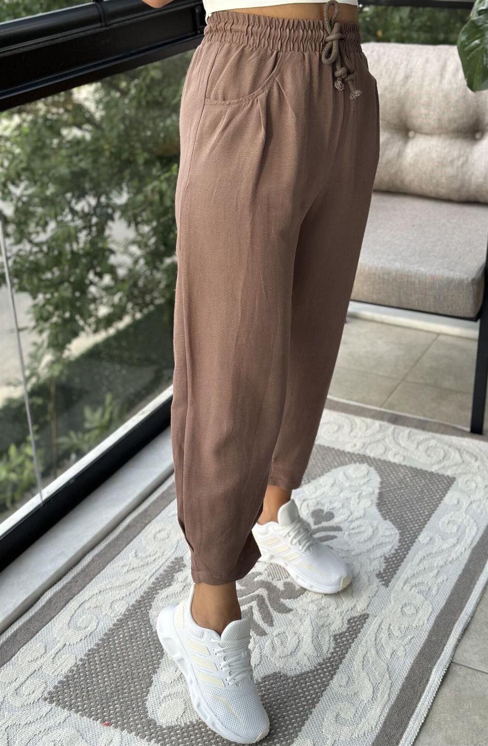 Kahve Şalvar Keten Pantolon