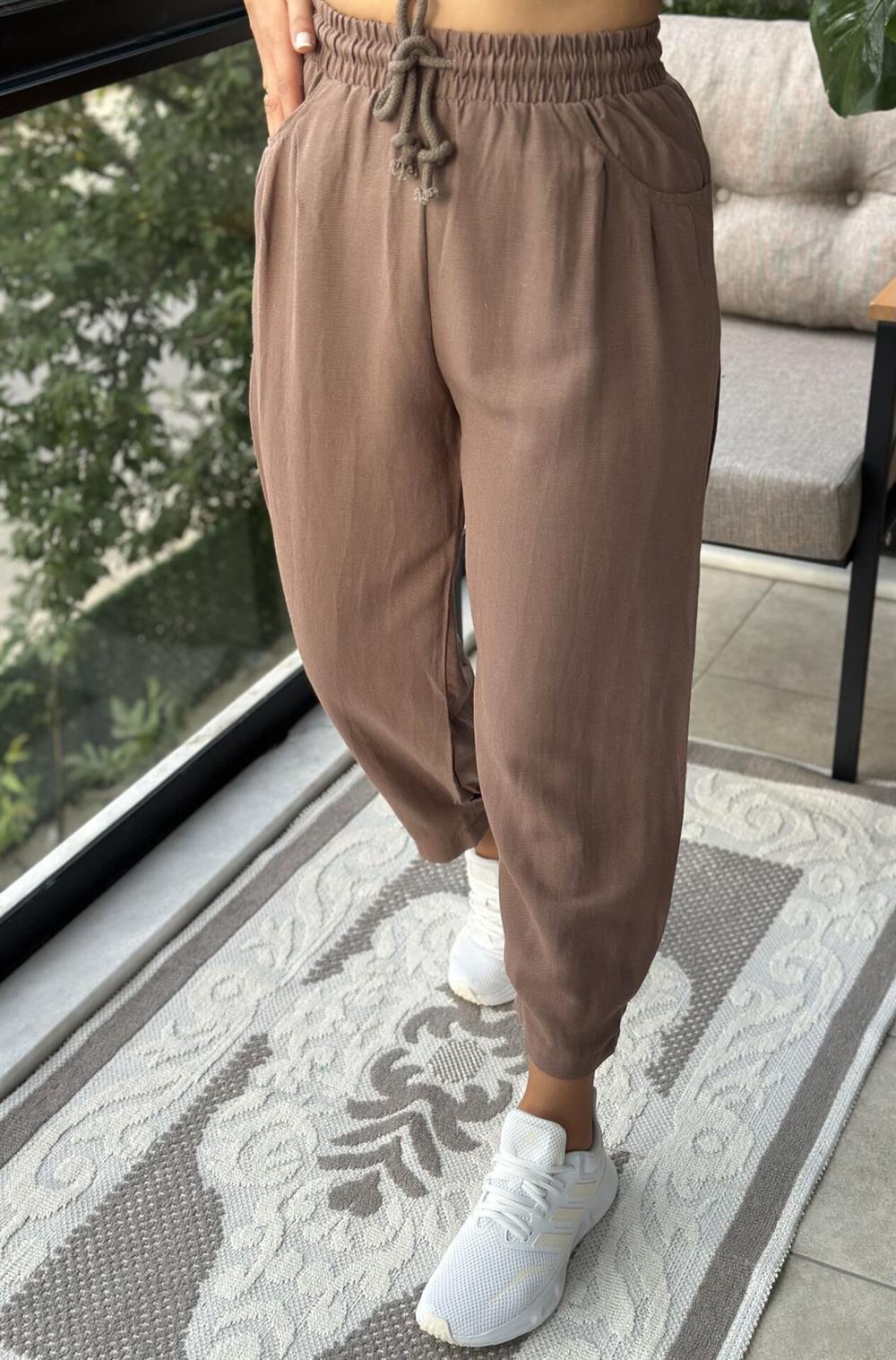 Kahve Şalvar Keten Pantolon