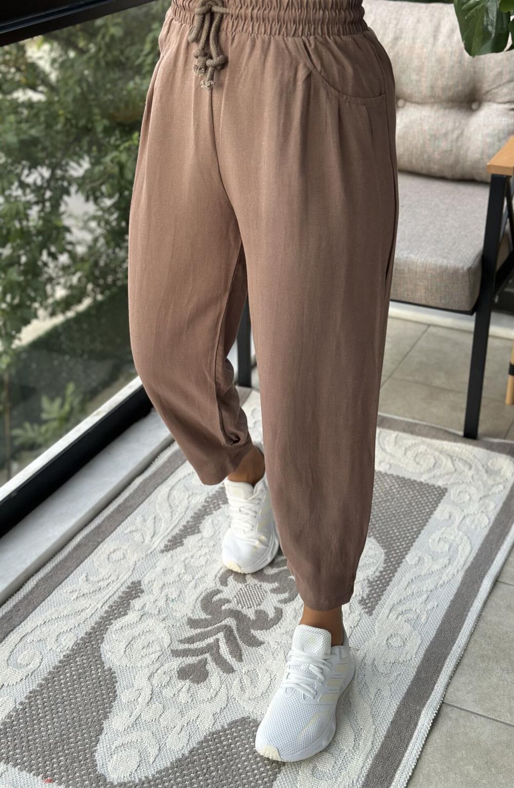 Kahve Şalvar Keten Pantolon