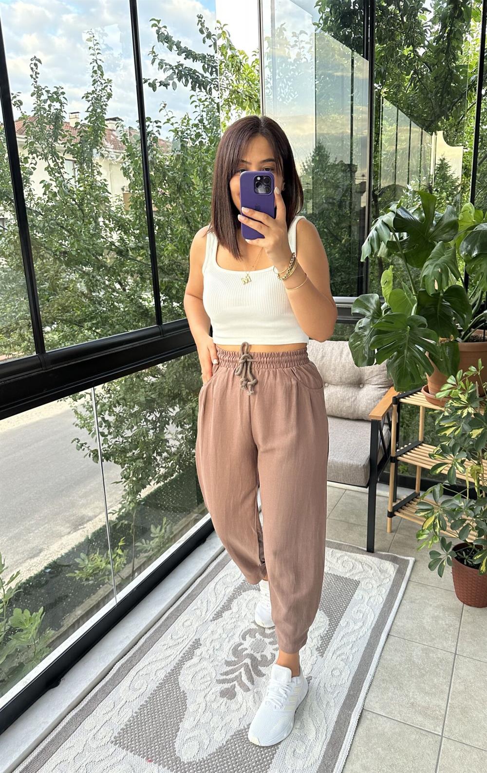 Kahve Şalvar Keten Pantolon