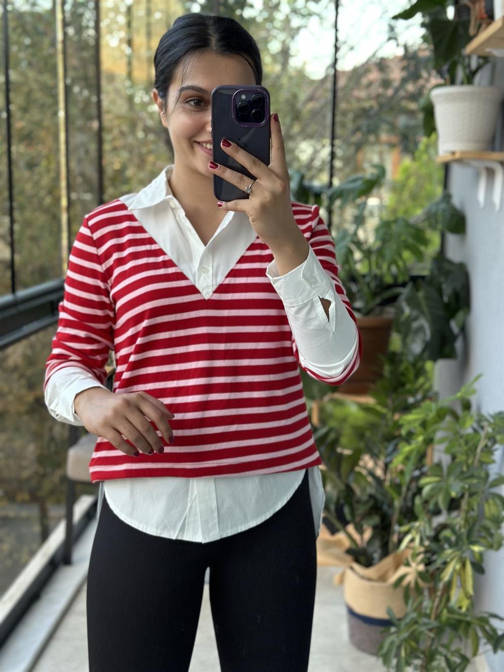 Kırmızı Çizgili Gömlek Yaka Tasarım Sweatshirt