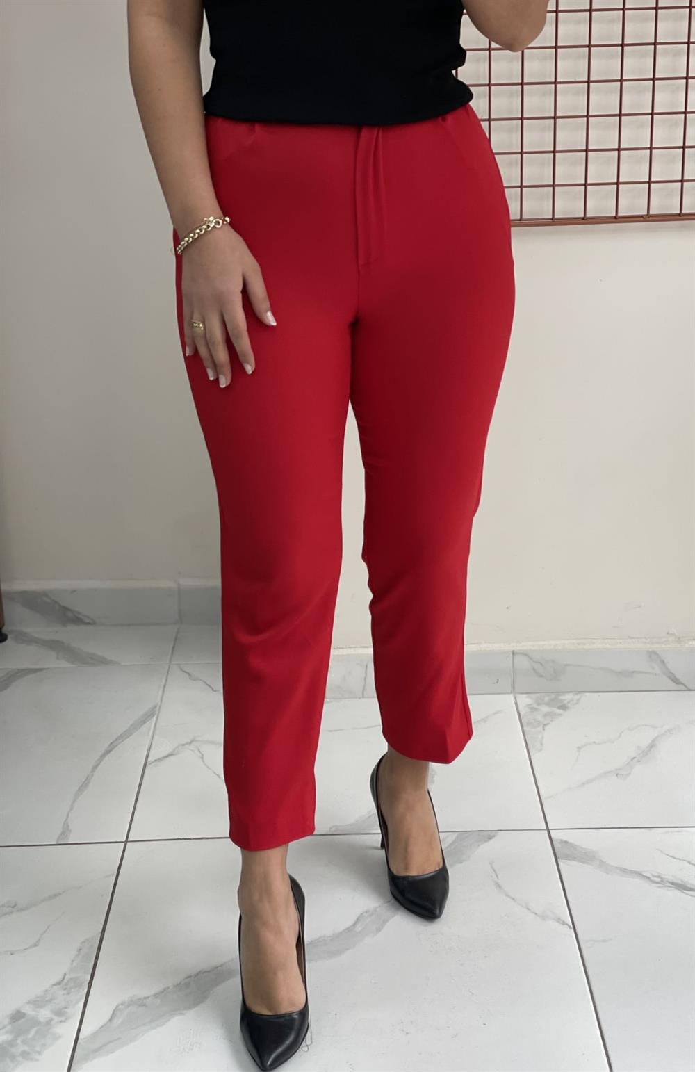 Kırmızı Krep Kumaş Pantolon