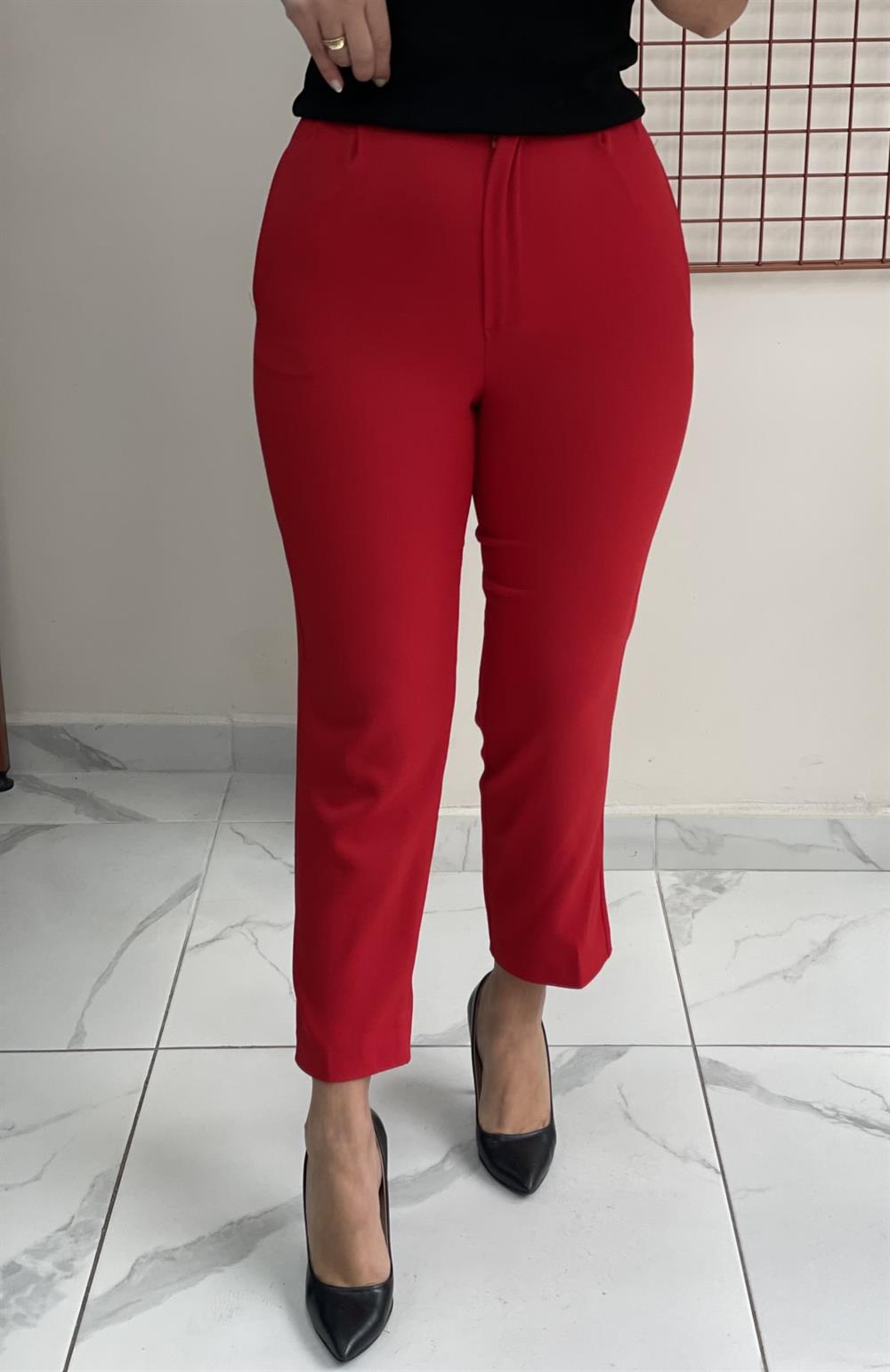 Kırmızı Krep Kumaş Pantolon