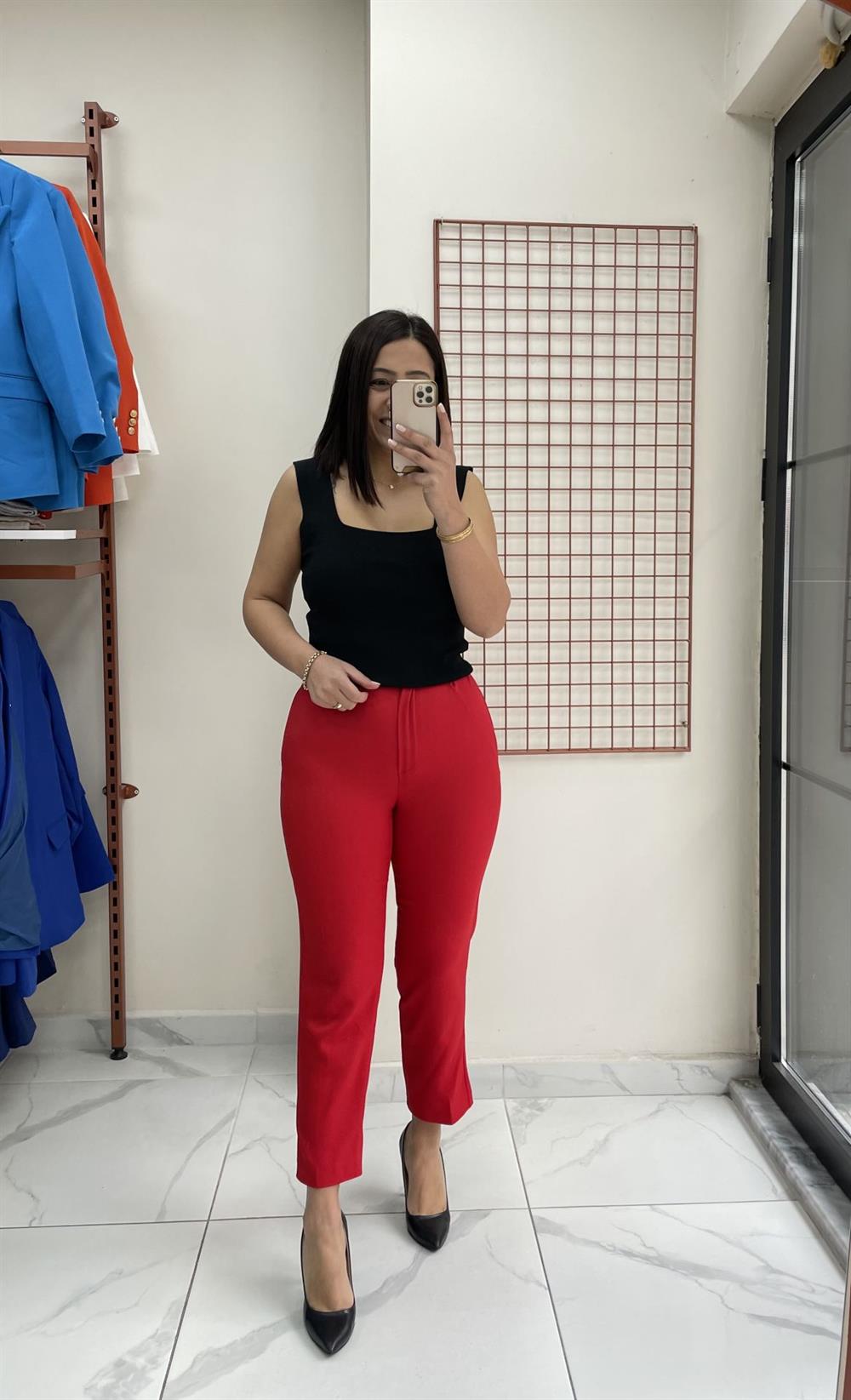 Kırmızı Krep Kumaş Pantolon