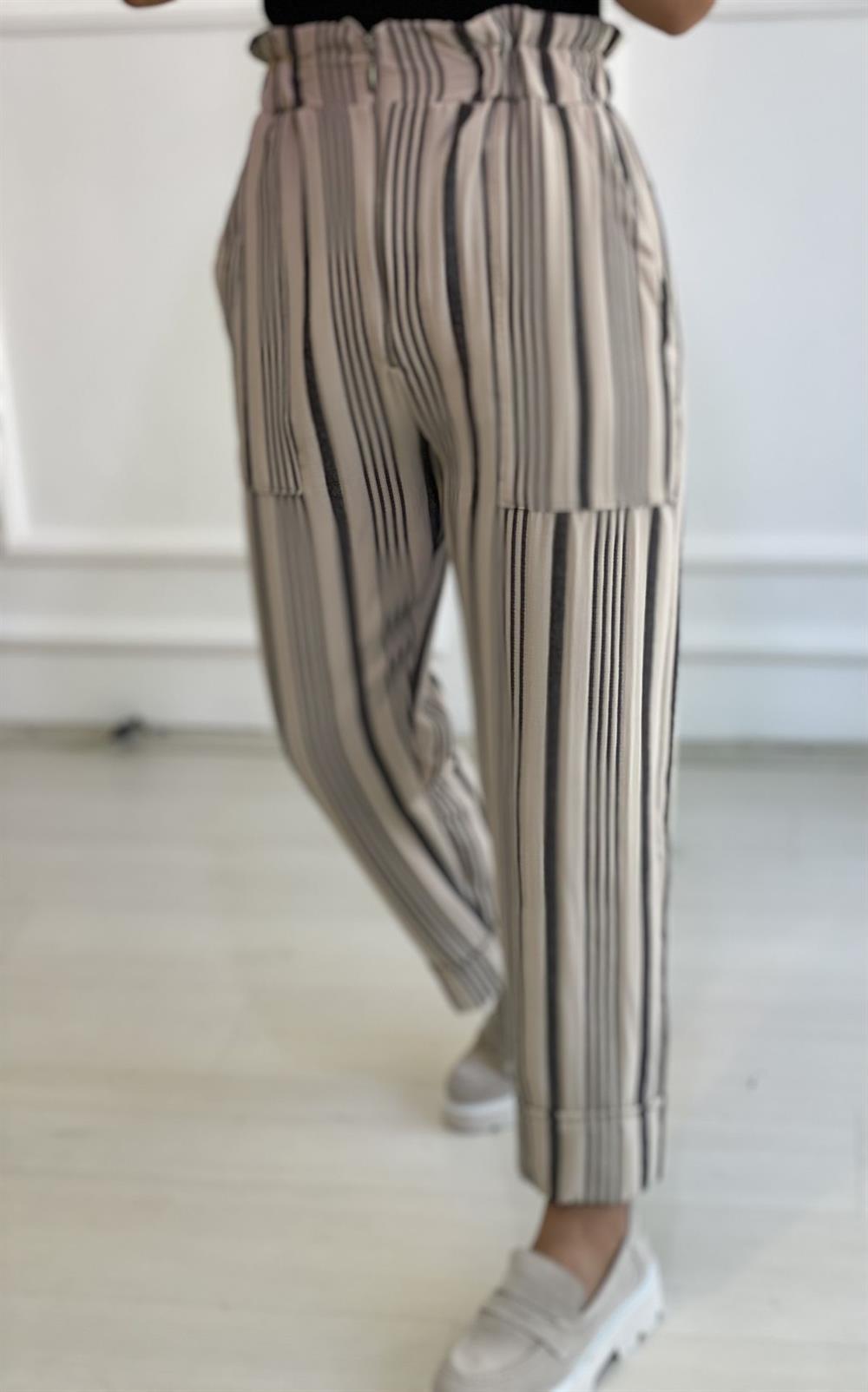 Krem Siyah Çizgili Maroken Kumaş Pantolon