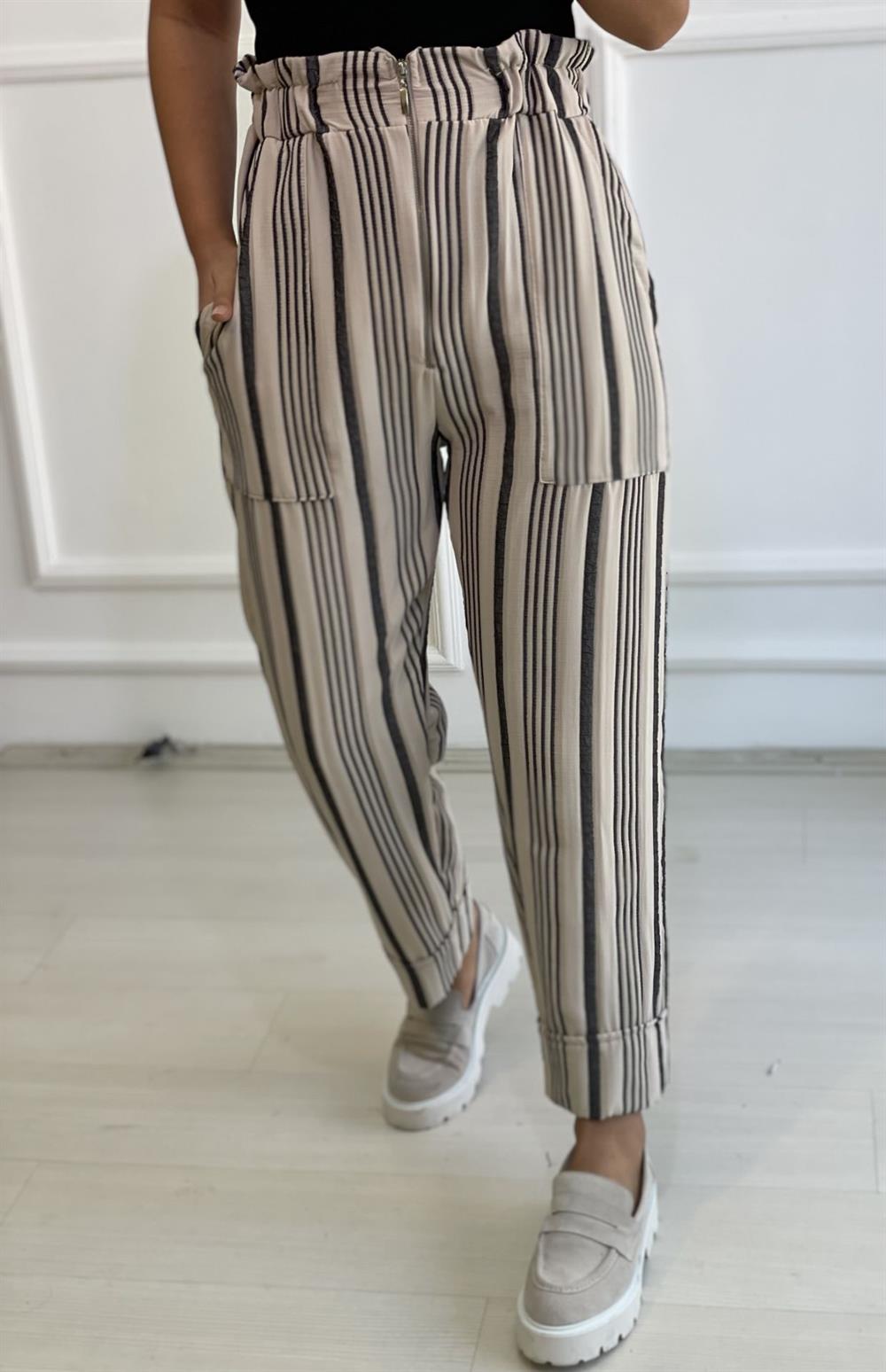 Krem Siyah Çizgili Maroken Kumaş Pantolon