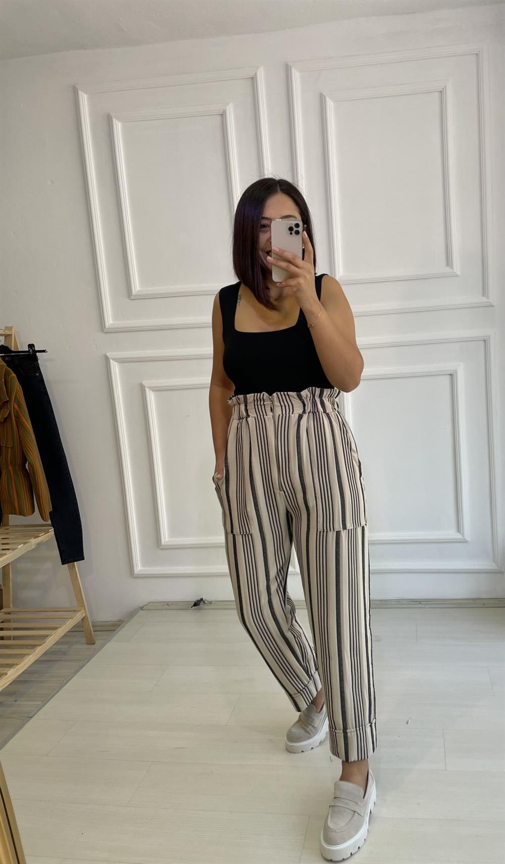 Krem Siyah Çizgili Maroken Kumaş Pantolon