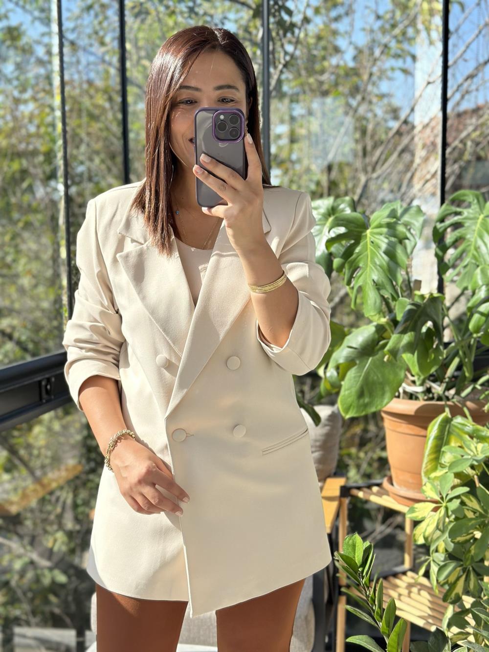 Kumaş Kaplama Kruvaze Blazer Ceket Krem
