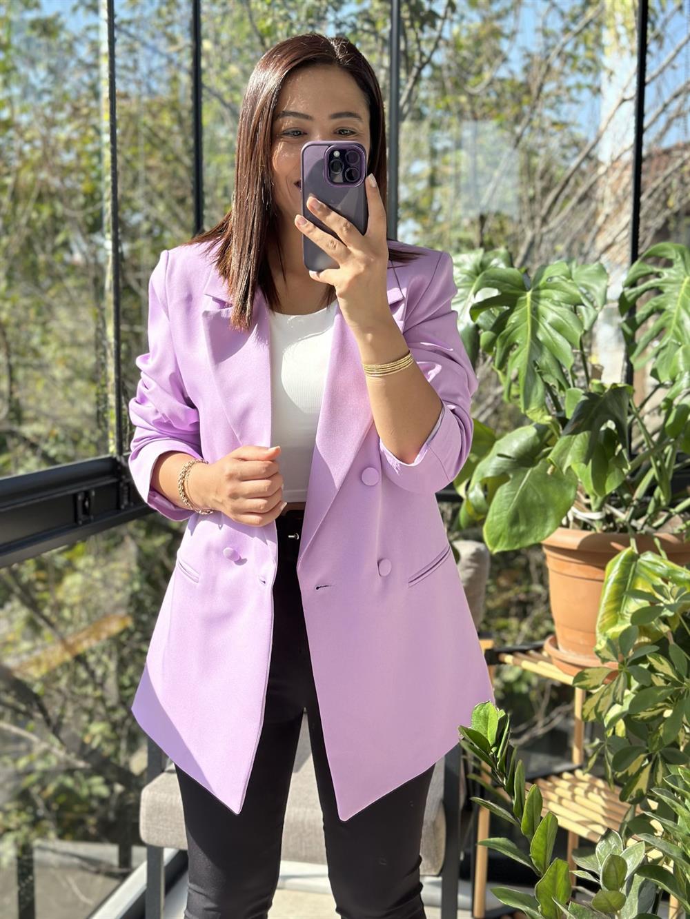 Kumaş Kaplama Kruvaze Blazer Ceket Lila