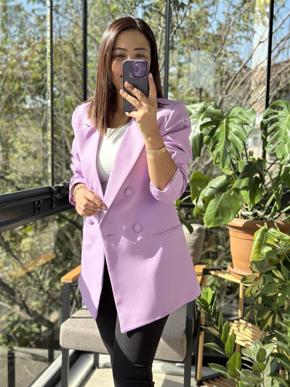 Kumaş Kaplama Kruvaze Blazer Ceket Lila