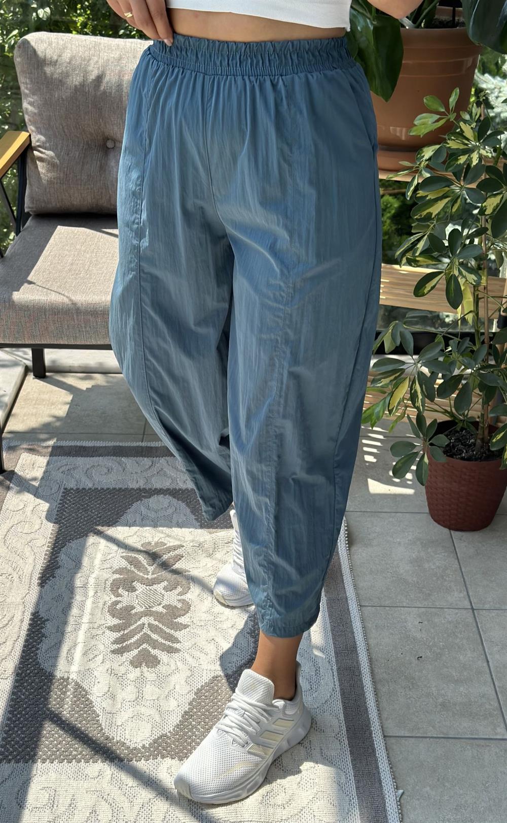 Mavi Paraşüt Kumaş Şalvar Kesim Pantolon