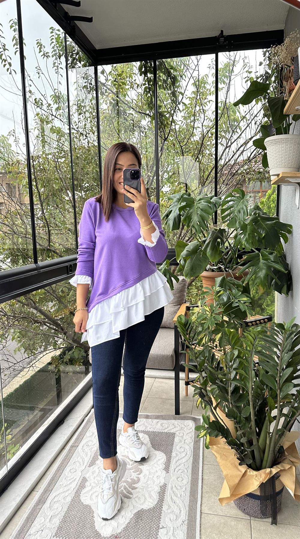 Mor Çapraz Kesim Tasarım Sweatshirt