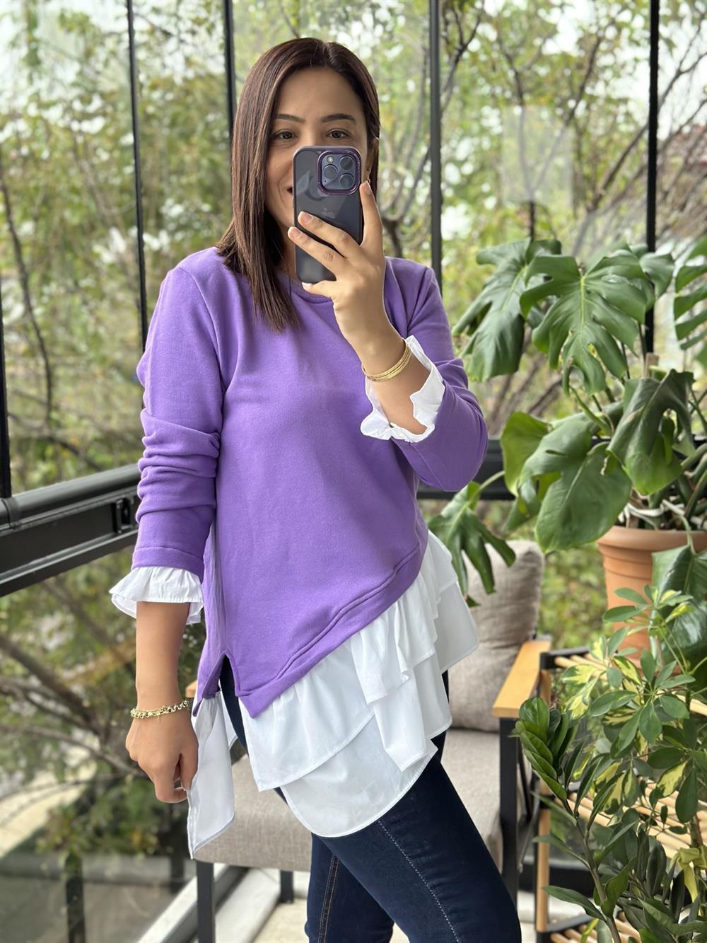 Mor Çapraz Kesim Tasarım Sweatshirt