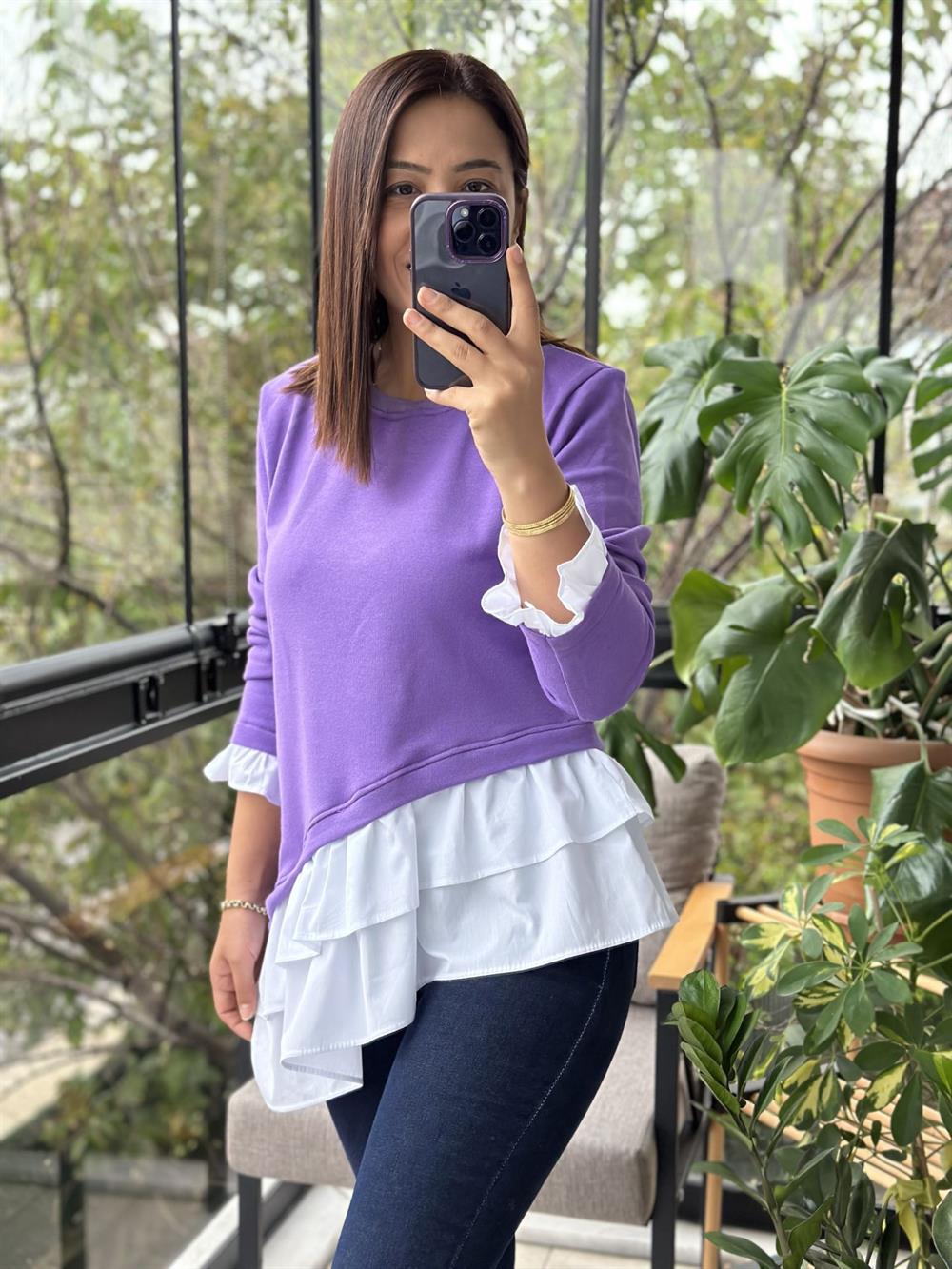 Mor Çapraz Kesim Tasarım Sweatshirt