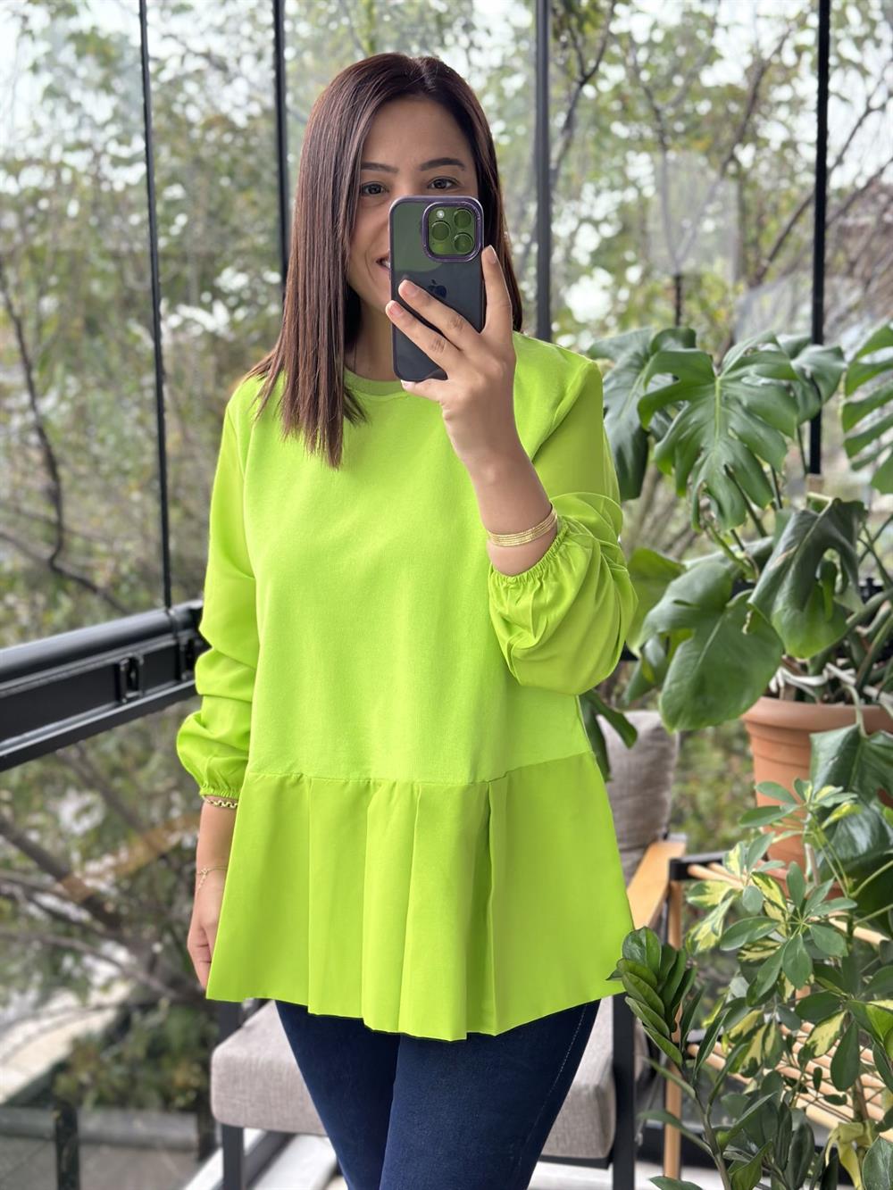 Neon Yeşil Kol Uçları Lastikli Poplin Kumaş Detaylı Sweat