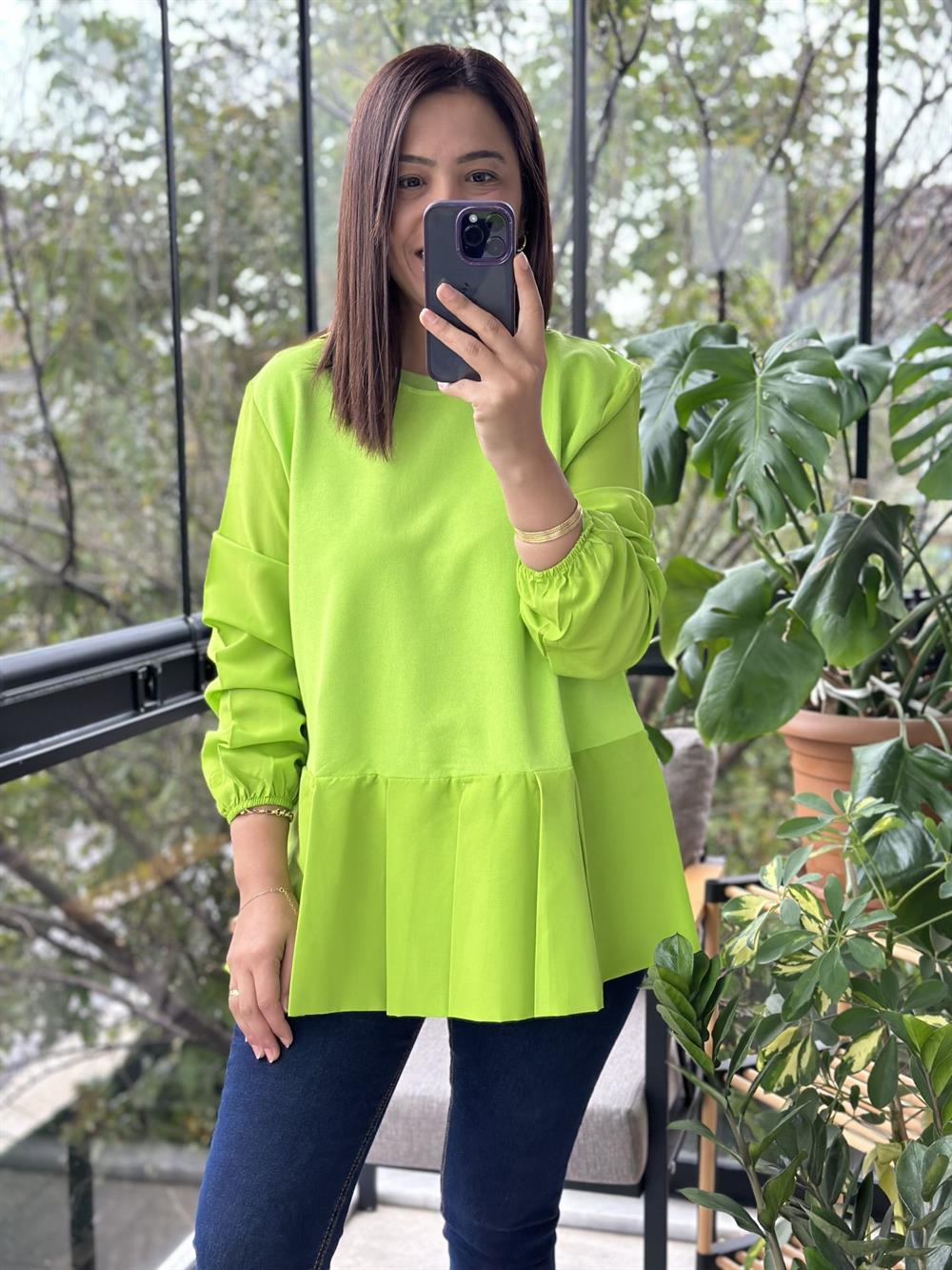Neon Yeşil Kol Uçları Lastikli Poplin Kumaş Detaylı Sweat