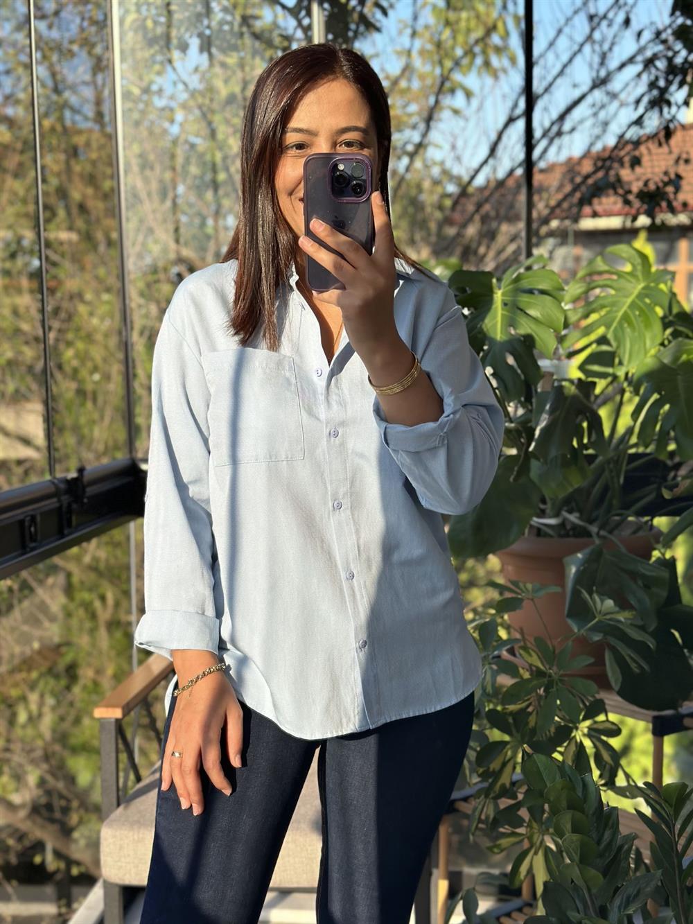 Pamuklu Doku Gömlek Bebe Mavi