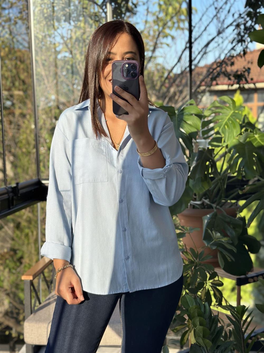 Pamuklu Doku Gömlek Bebe Mavi