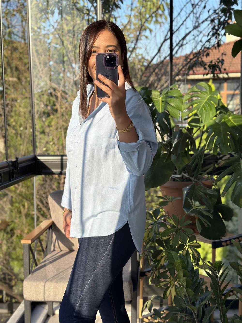 Pamuklu Doku Gömlek Bebe Mavi