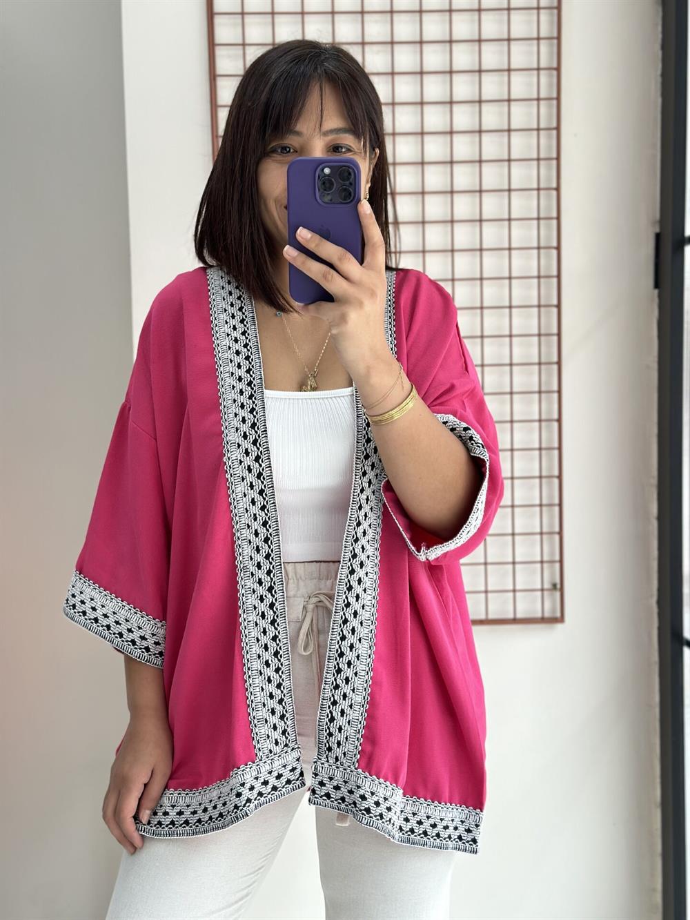 Pembe Keten Nakışlı Kimono