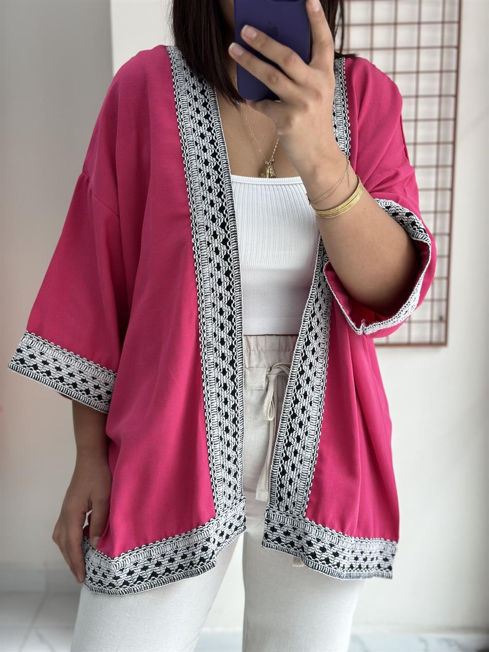 Pembe Keten Nakışlı Kimono
