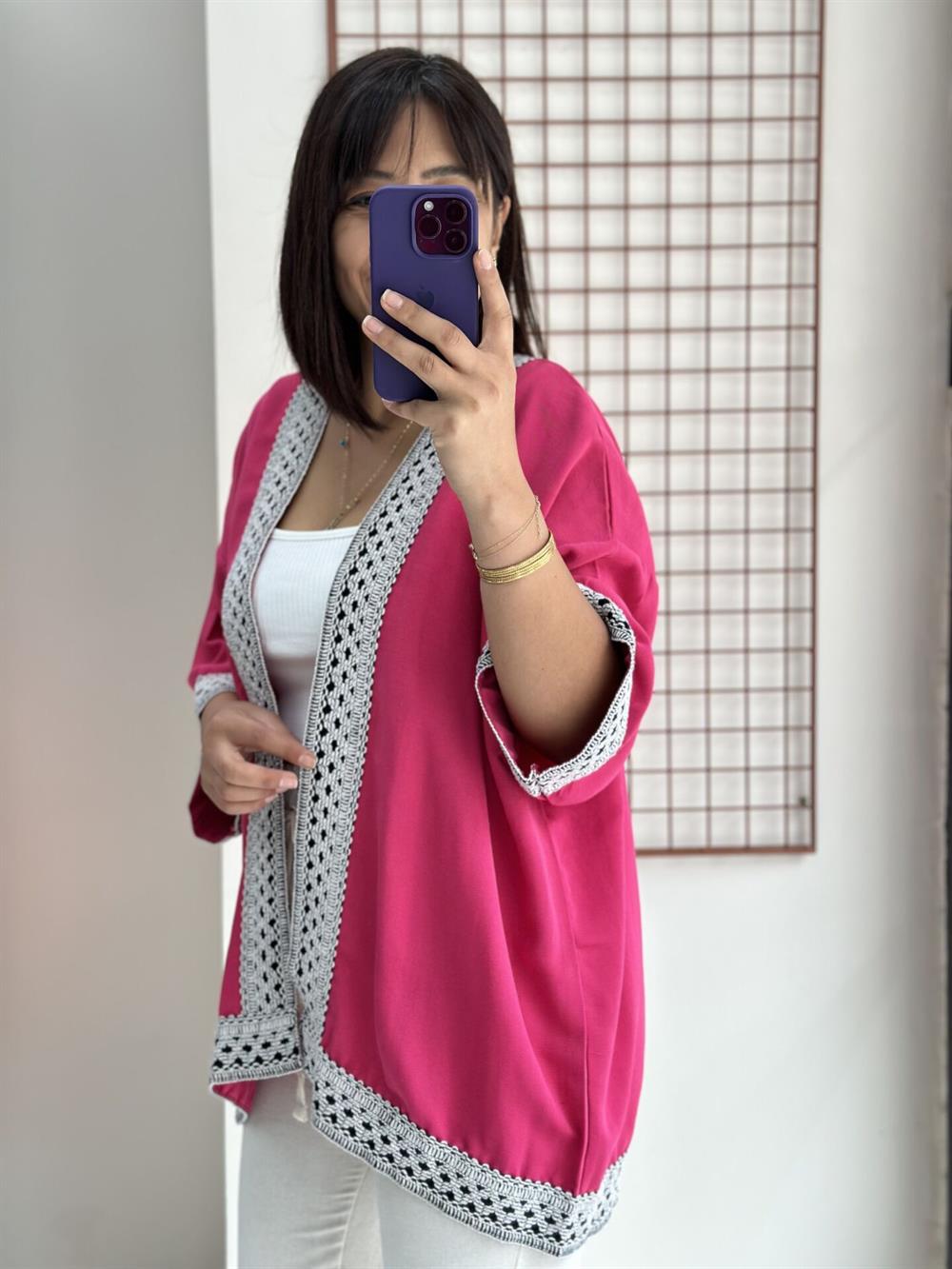 Pembe Keten Nakışlı Kimono