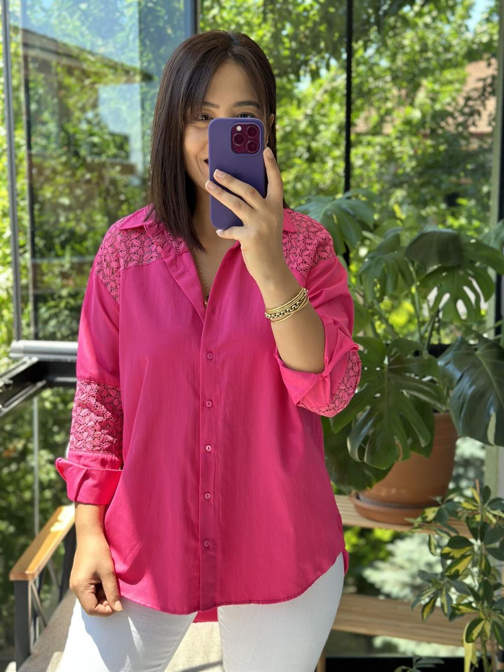 Pembe Omuz Ve Kol Detay Gömlek