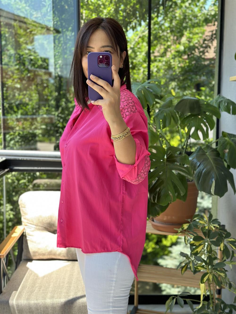 Pembe Omuz Ve Kol Detay Gömlek